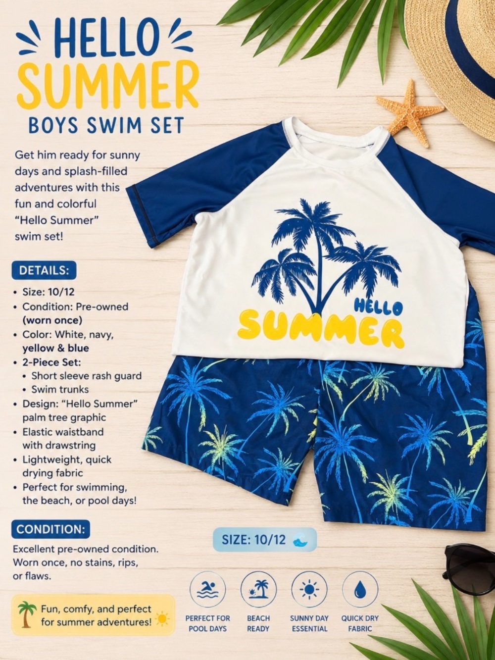 Boys “Hello Summer” 2-Piece Swim Set – Size 10/12